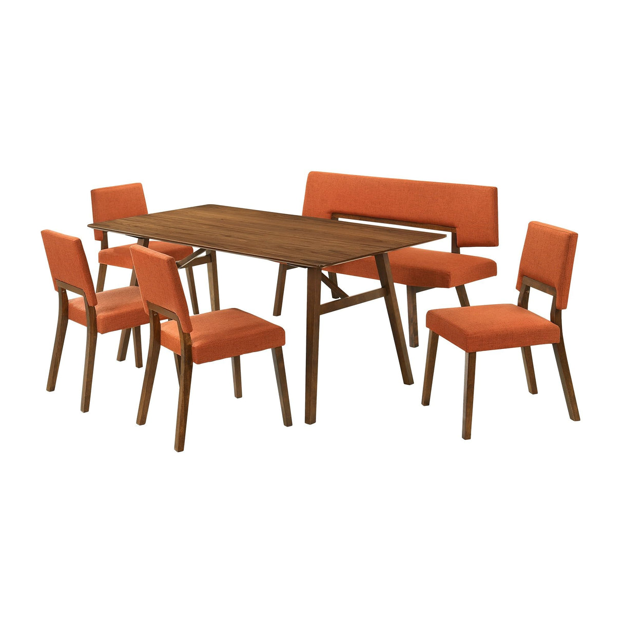 6 Piece Dining Table Set, Chairs, Bench, Fabric, Wood, Orange and Brown