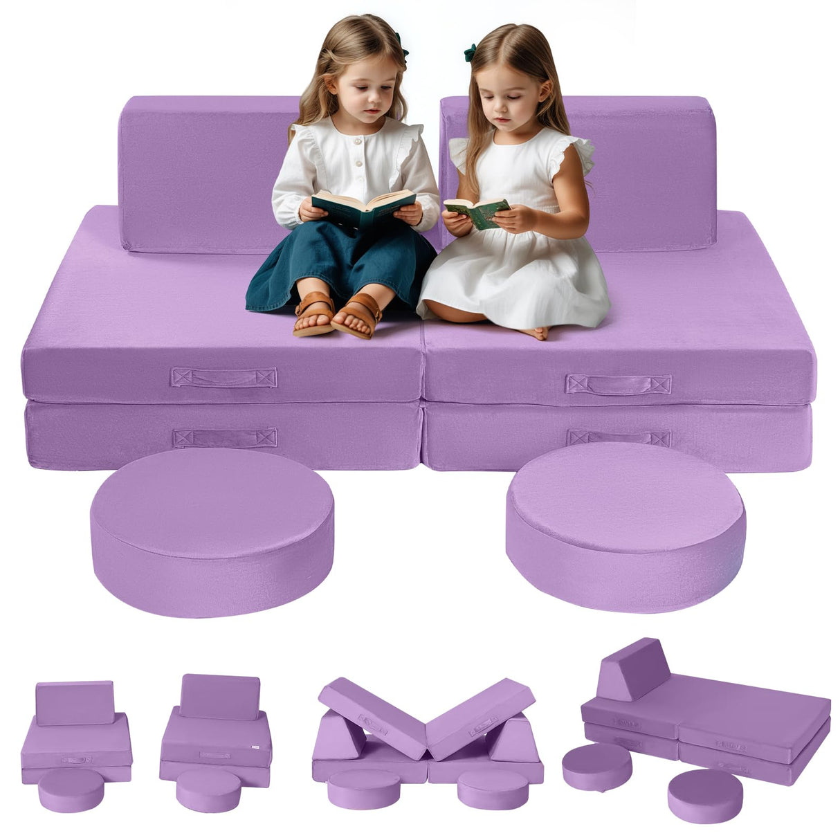 Kids Couch Sofa Modular Toddler Couch for Playroom, 8-Piece Fold Out Baby Couch Play Set