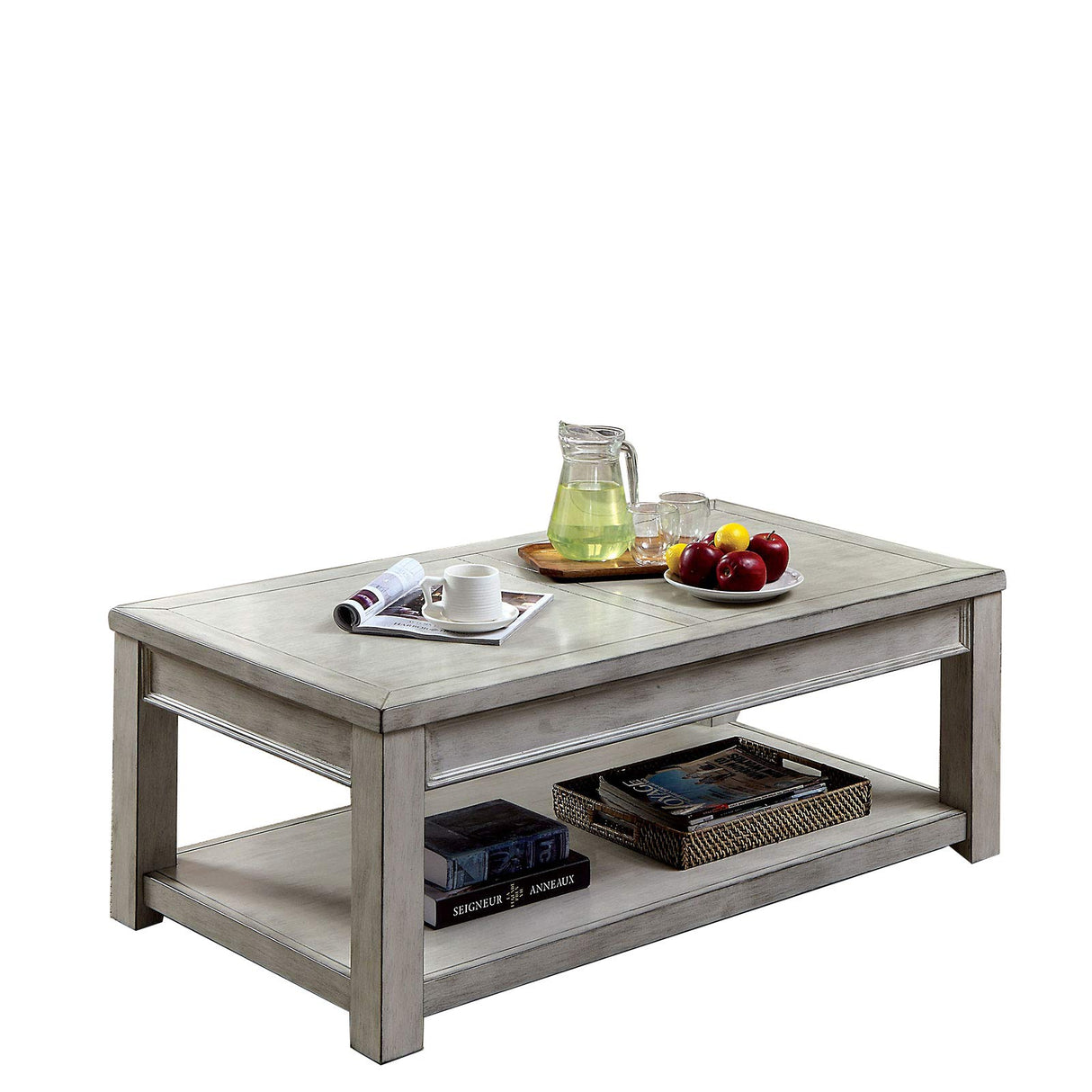 Transitional Coffee Table with Open Bottom Shelf and Plank Top, White