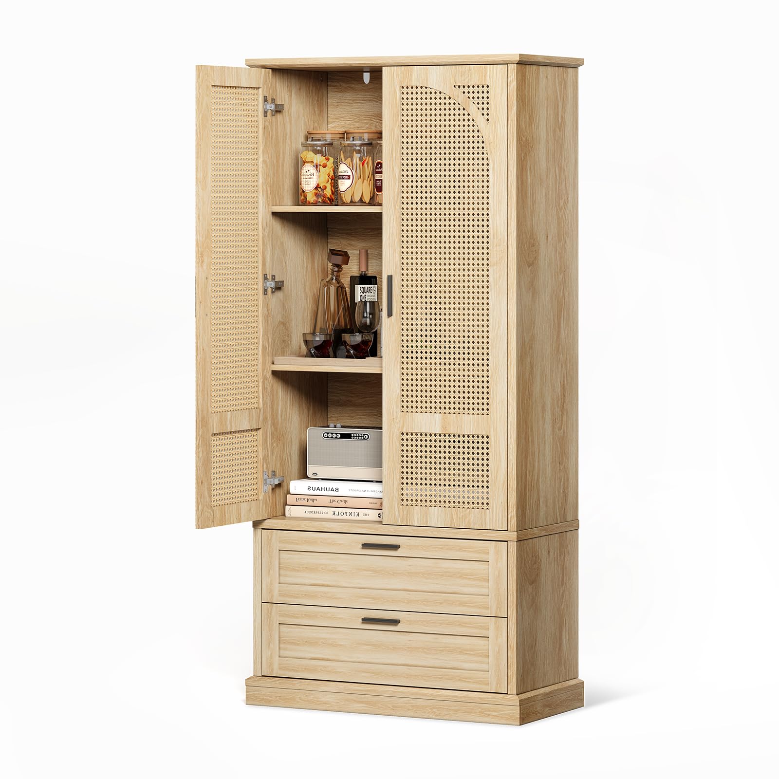 Kitchen Pantry Storage Cabinet,67" Tall,with 2 Drawers,Adjustable Shelf,Rattan Doors