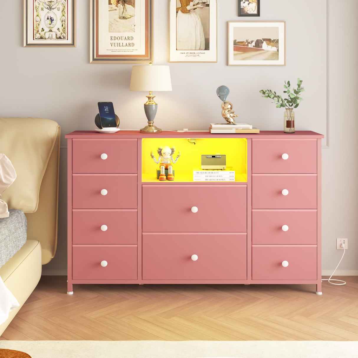 Dresser with Charging Station and LED Lights, Pink Dresser for Girls Bedroom