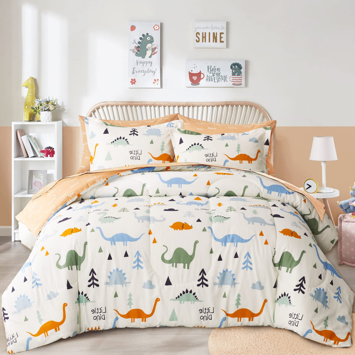 Twin Size Dinosaur Bedding Set - 6-Piece Cotton Comforter Set for Kids
