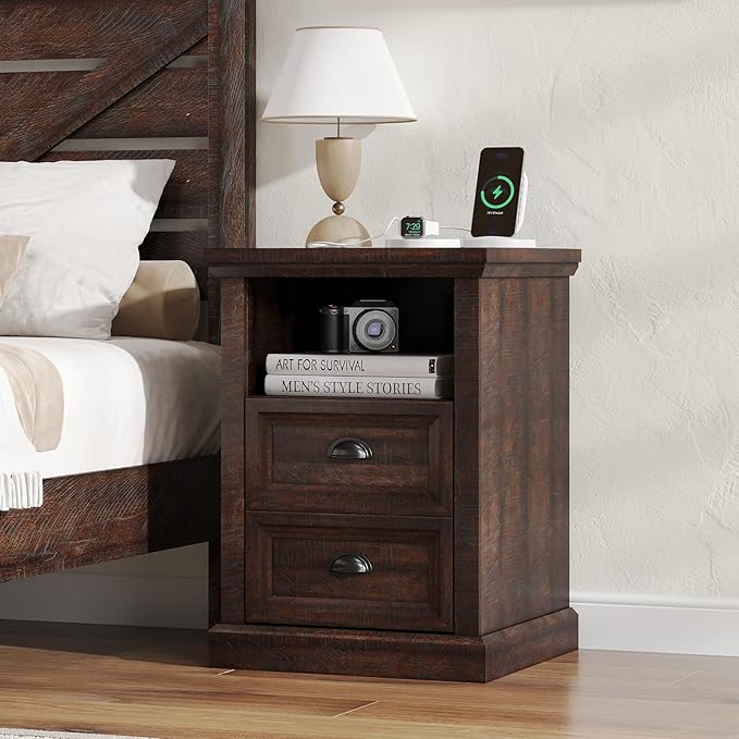 Farmhouse End Table with Charging Station, Nightstand