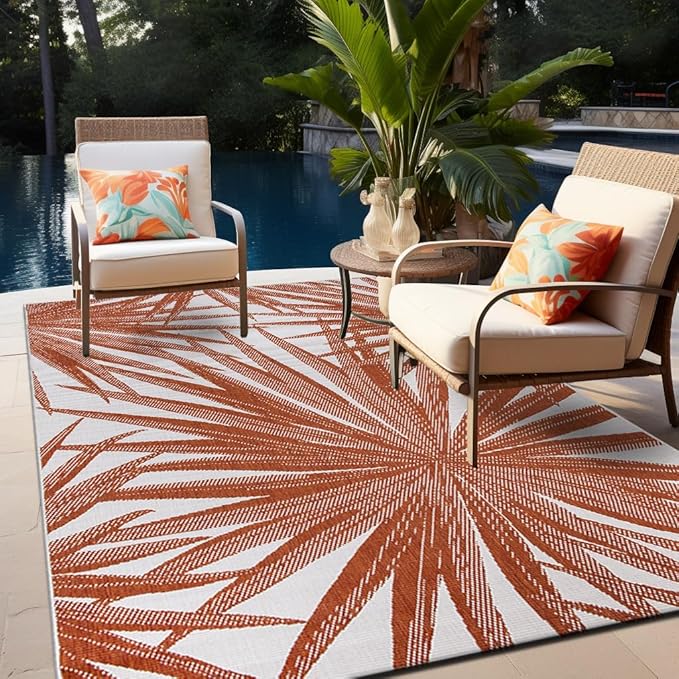 Tropical Leaves Nature Inspired Indoor/Outdoor Area Rug 5' x 7' Black