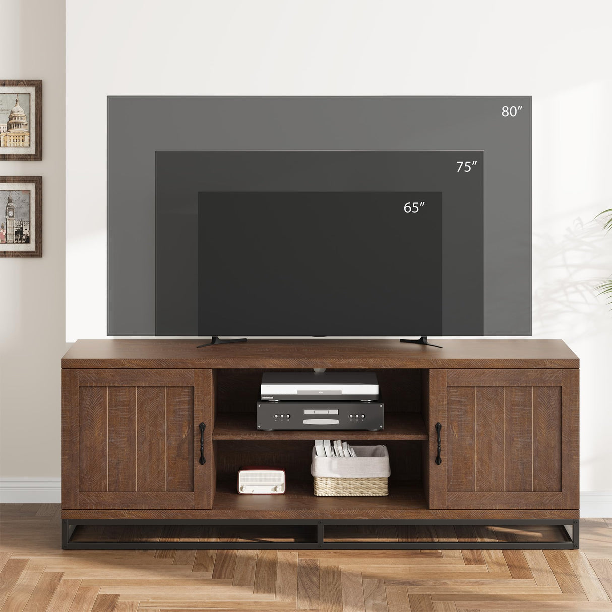 Farmhouse TV Stand for 75-Inch TVs - Walnut Entertainment Center