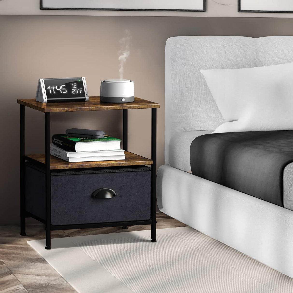 Nightstand 1-Drawer Shelf Storage - Bedside Furniture & End Table Chest Dresser with Steel Frame