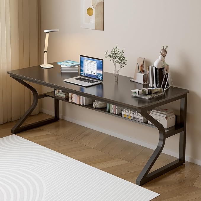 Extra Long Desk with Bookshelf - 71" Double Long Writing Table for 2-Person Workstation