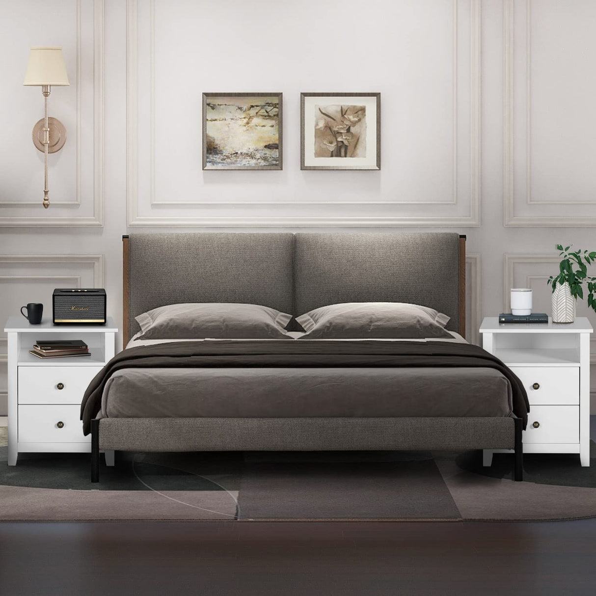 White Nightstand Set of 2, Bedroom Nightstand