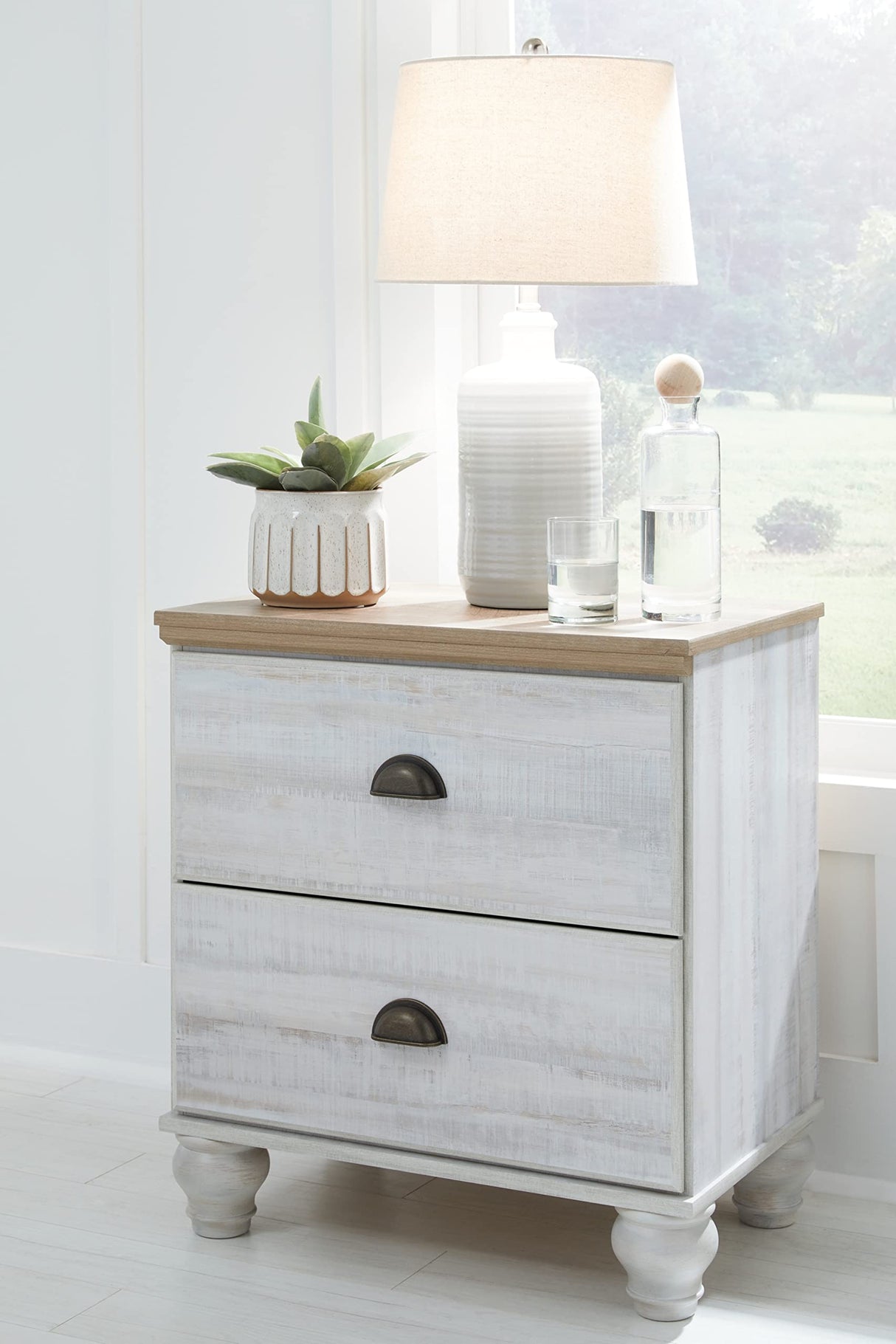 Haven Bay 5 Drawer Nightstand, White & Light Brown