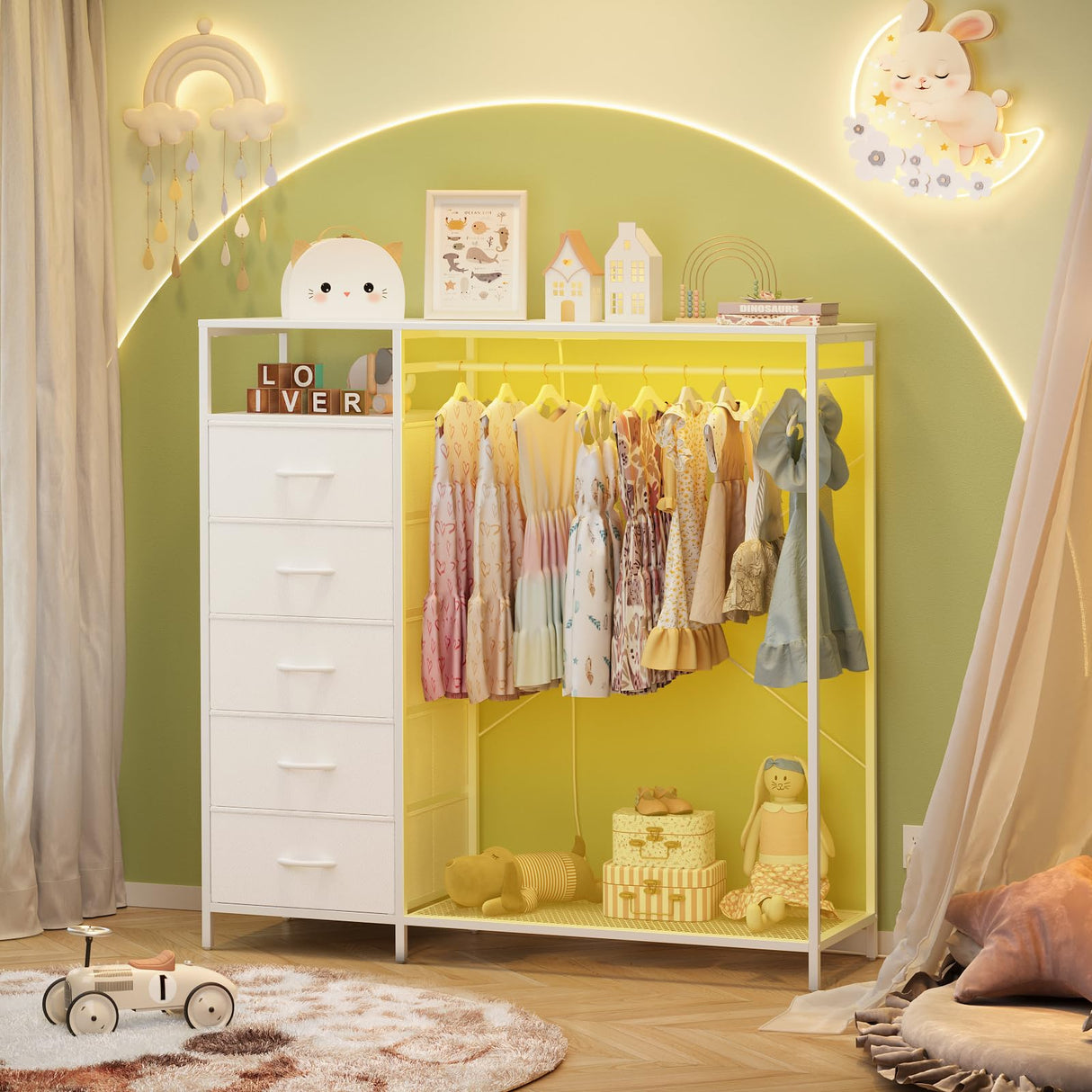 White Dresser with Hanging Rack, Dresser for Bedroom with 5 Drawers