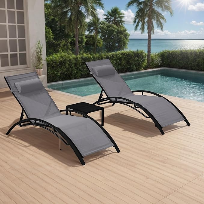 3, Pool Lounge Chairs with Pillow, Side Table & 5-Position Adjustable Backrest, Sunbathing