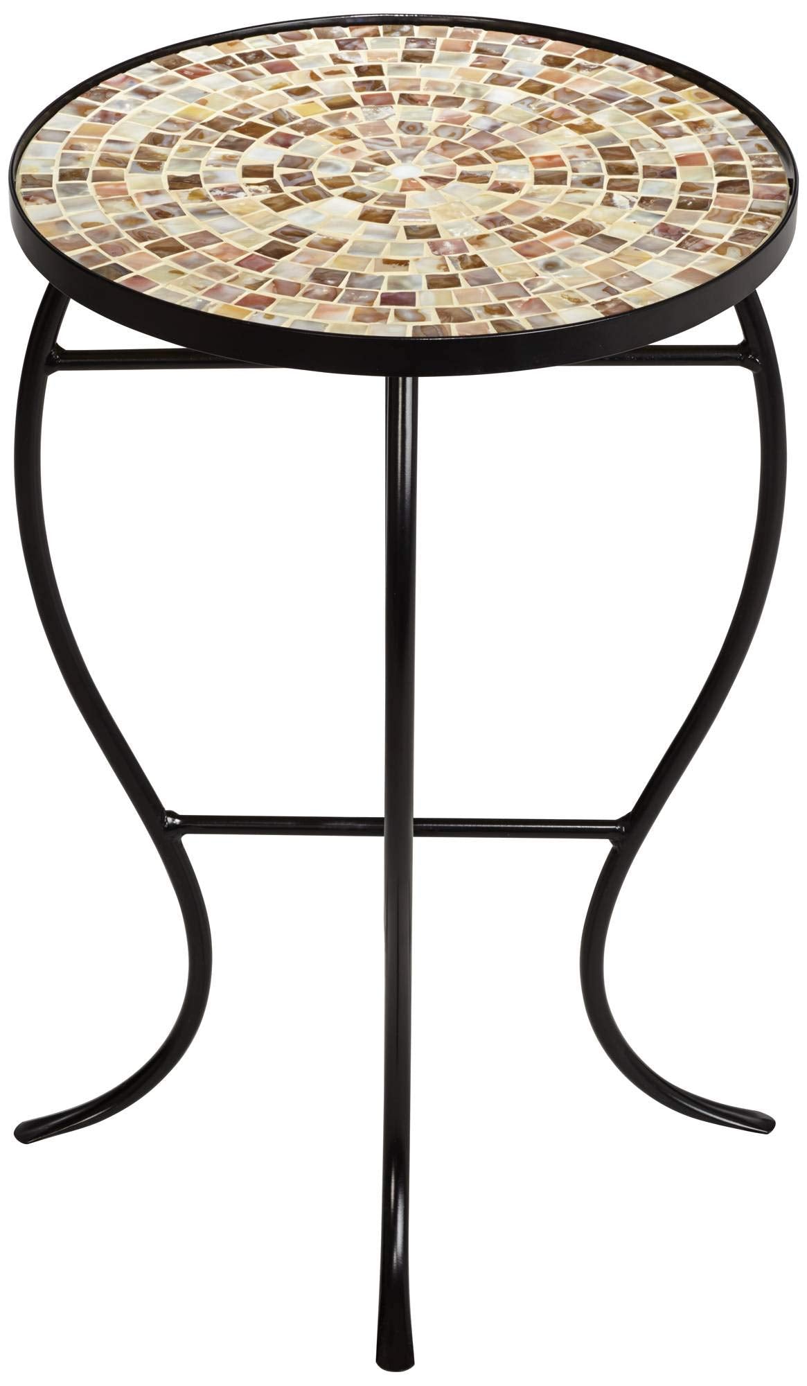 Teal Island Designs Mother of Pearl Modern Black Metal Round Outdoor Accent Side Table 14" Wide Natural Mosaic Tile Tabletop Gracefully Curved Legs for Spaces Porch Patio Home House Balcony Deck - Bircata
