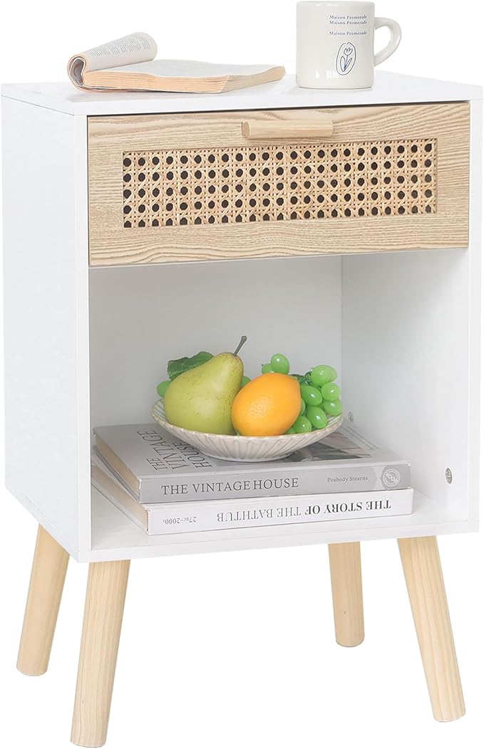 White Rattan Nightstand, Modern Nightstand with Rattan Drawer