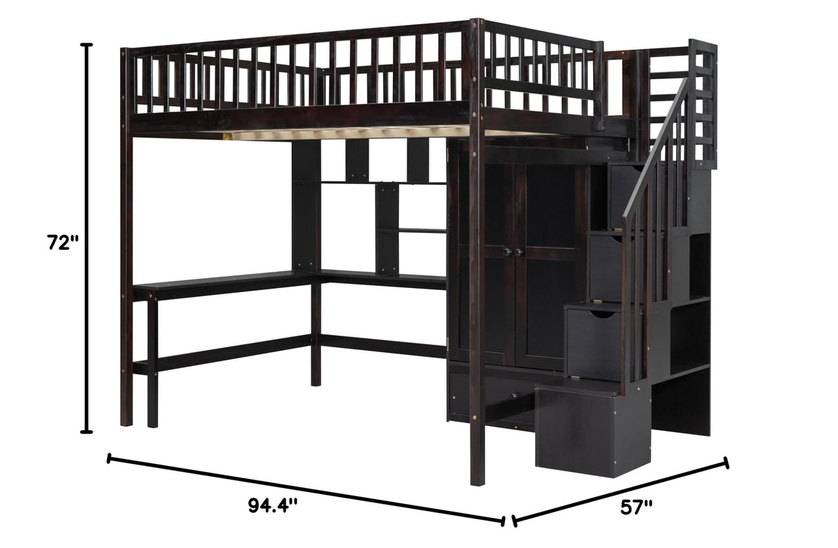Loft Beds Stairway Loft Bed Frame with Wardrobe, Desk, Bookcase and Drawers, Espresso