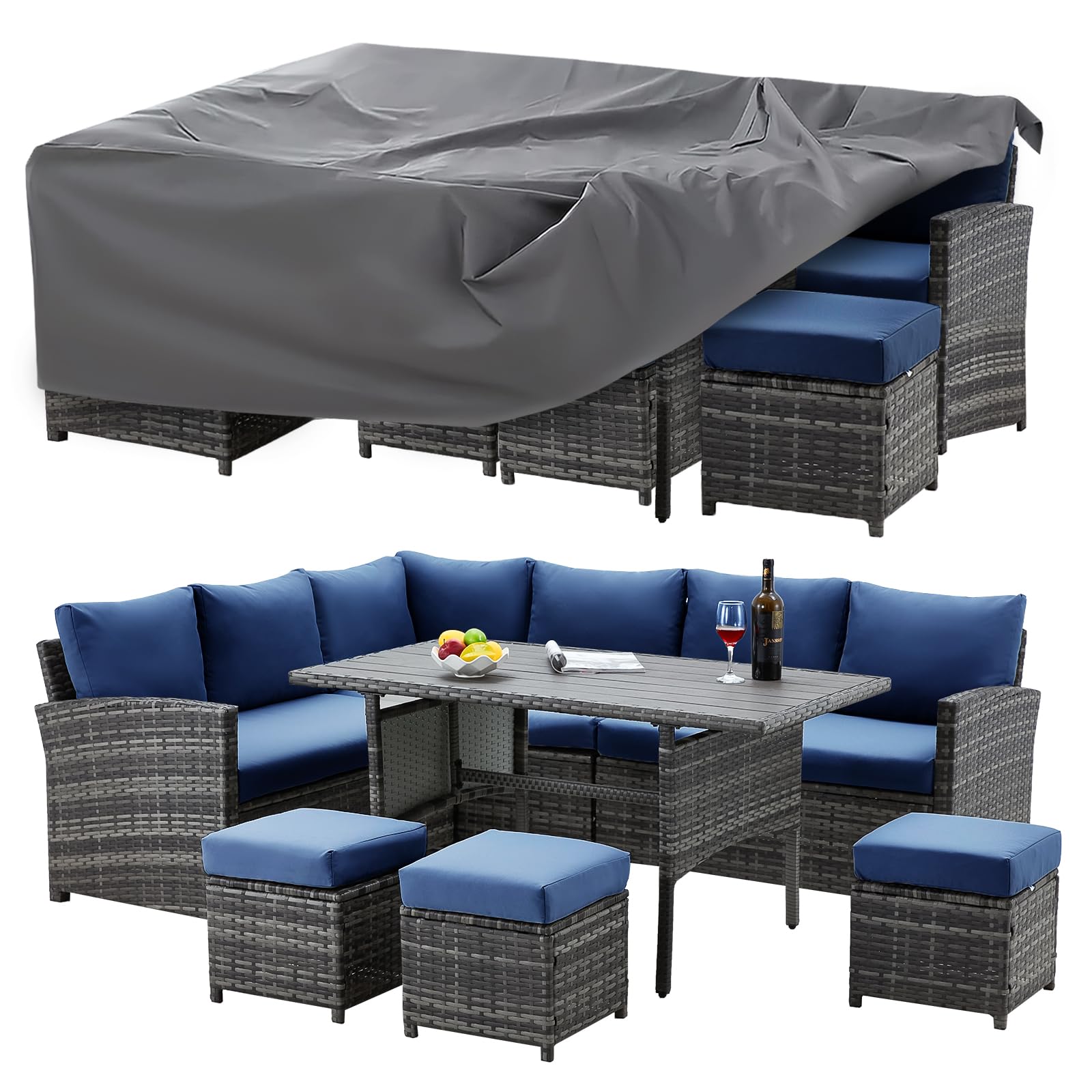 Patio Furniture Set with Cover, 7 Pieces Outdoor Sectional Sofa Conversation Set All Weather Wicker Rattan Couch Dining Table & Chair with Ottoman, Dark Blue