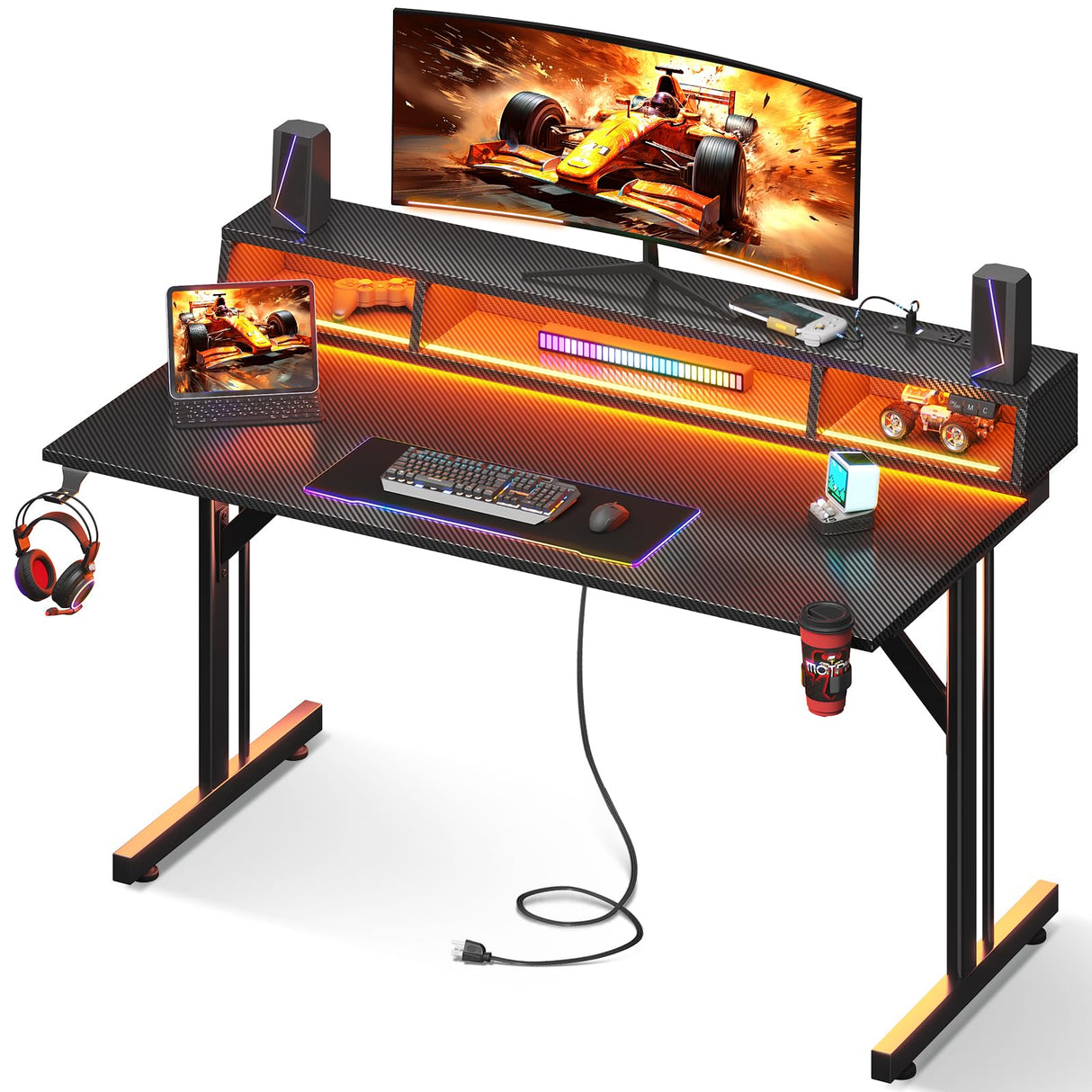 48 inch Gaming Desk with LED Lights & Power Outlets, Small Computer Gaming Table
