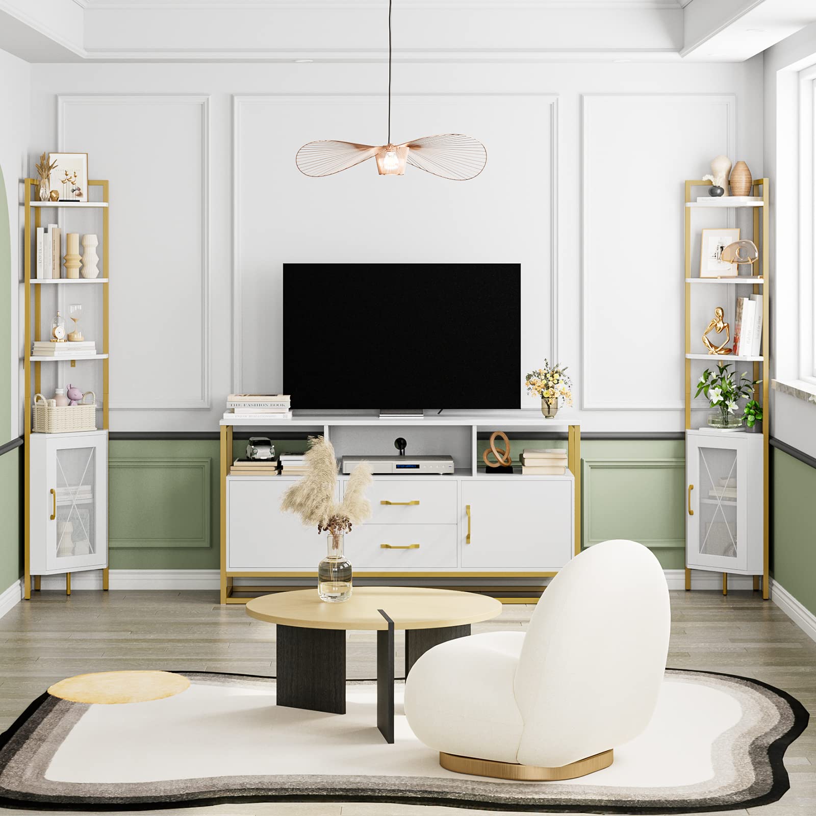 71" Tall Corner Shelf, 6-Tier Corner Bookcase, Gold Bookshelf with Storage Cabinet, Modern Display Shelf, Free Standing Storage Rack Plant Stand for Living Room, Home Office, White