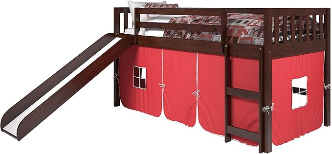 715-TCP-750C-TR Mission Low Loft Bed with Slide and Red Tent, Twin