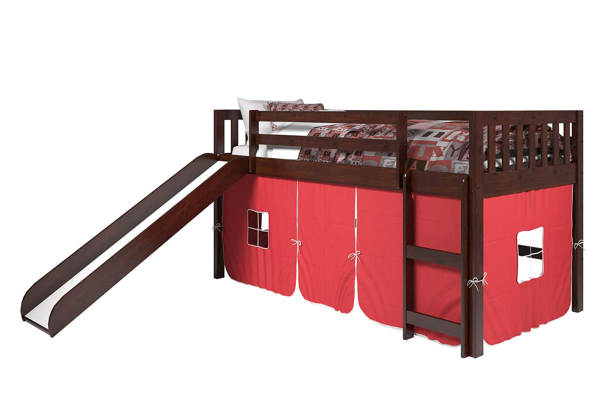 715-TCP-750C-TR Mission Low Loft Bed with Slide and Red Tent, Twin