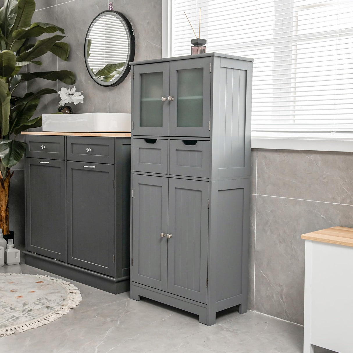 Bathroom Floor Storage Cabinet - Freestanding Cabinet with 2 Glass Doors, 2 Drawers