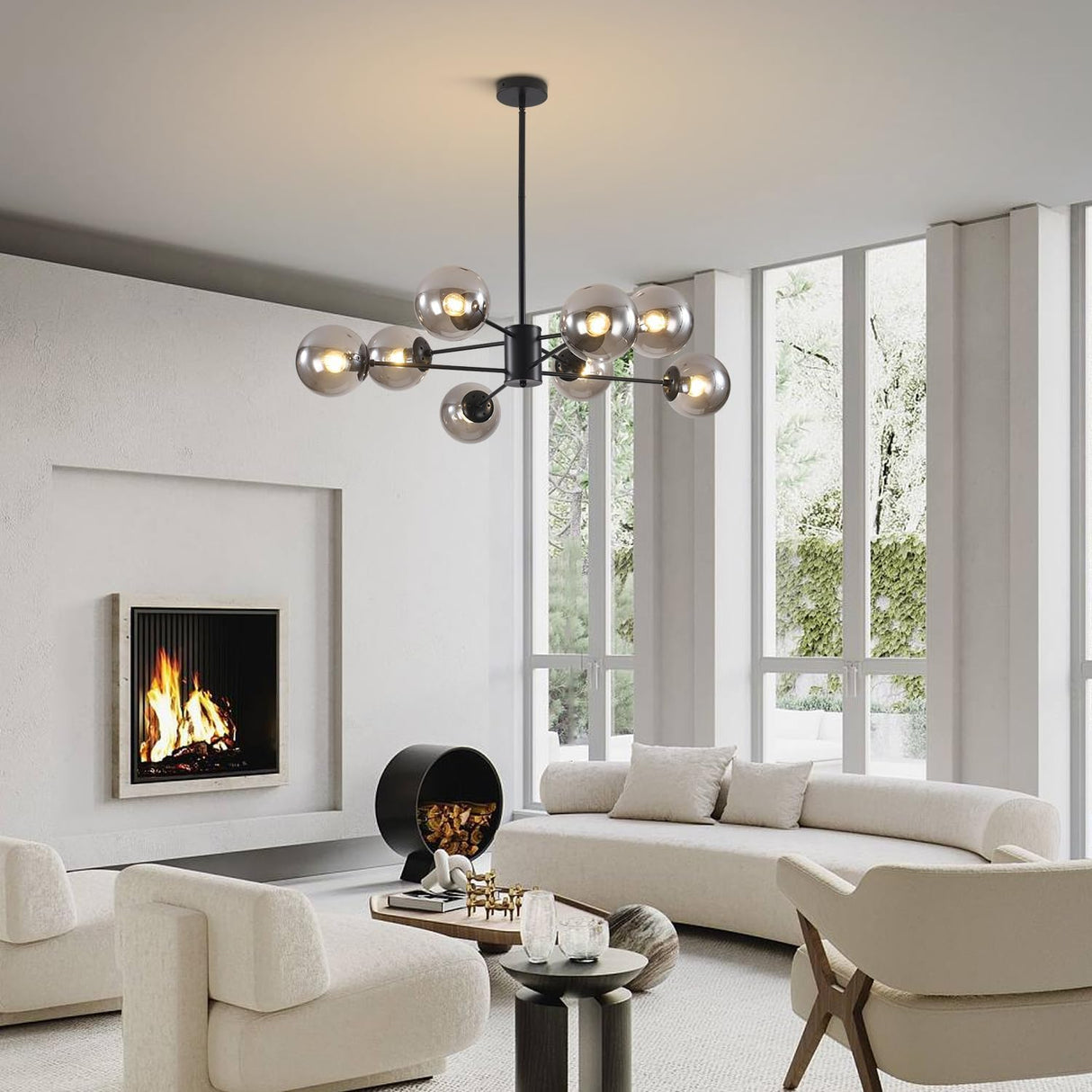 BOKT Mid Century Modern Matte Black Chandelier 8-Lights Globe Glass Ball Chandelier Flush Mount Ceiling Light Industrial Vintage Farmhouse Kitchen Island Pendant Lighting Fixture