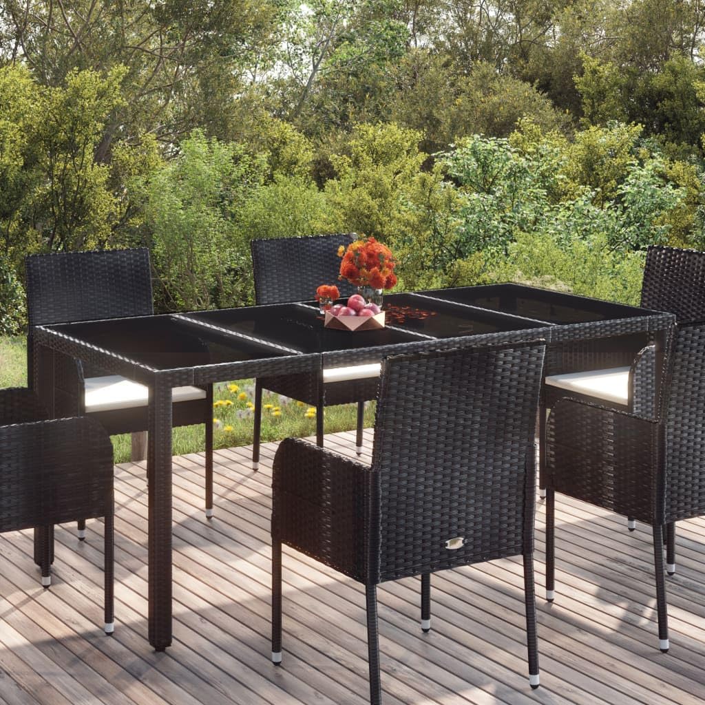 Outdoor Patio Dining Table with Glass Top - Black Poly Rattan 74.8"x35.4"