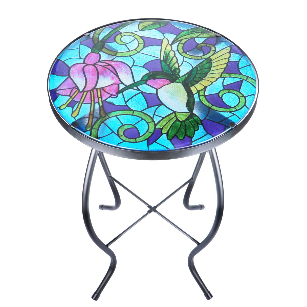 VCUTEKA Mosaic Patio Side Table Outdoor Accent Table Bistro Coffee Table Plant End Table Small Porch Table Indoor Round Glass Balcony Hummingbird Plant Table Stands - Bircata