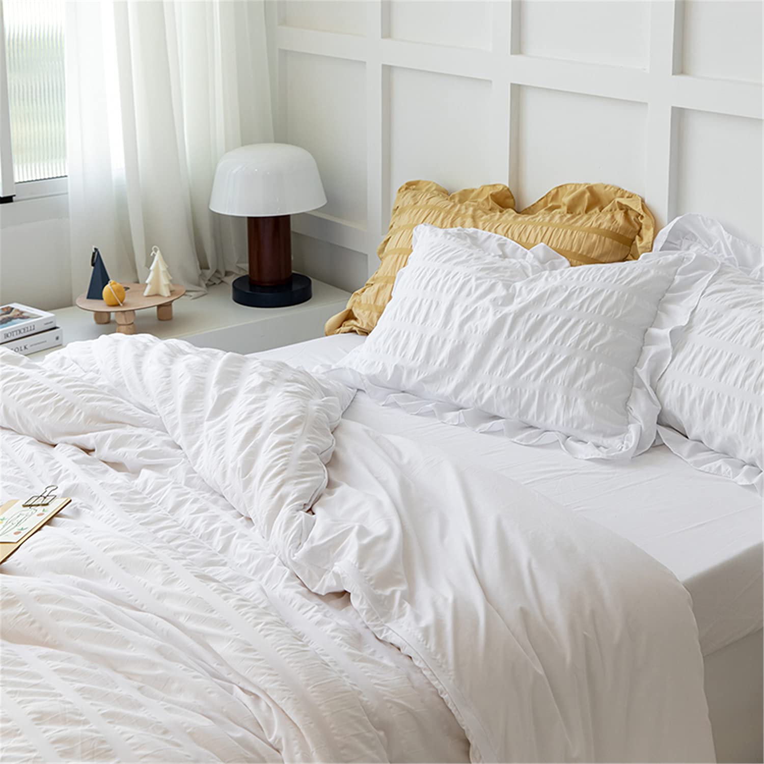 White Ruffled Bedding-2 Pieces Twin Seersucker Duvet Cover Textured Stripe Style, Soft