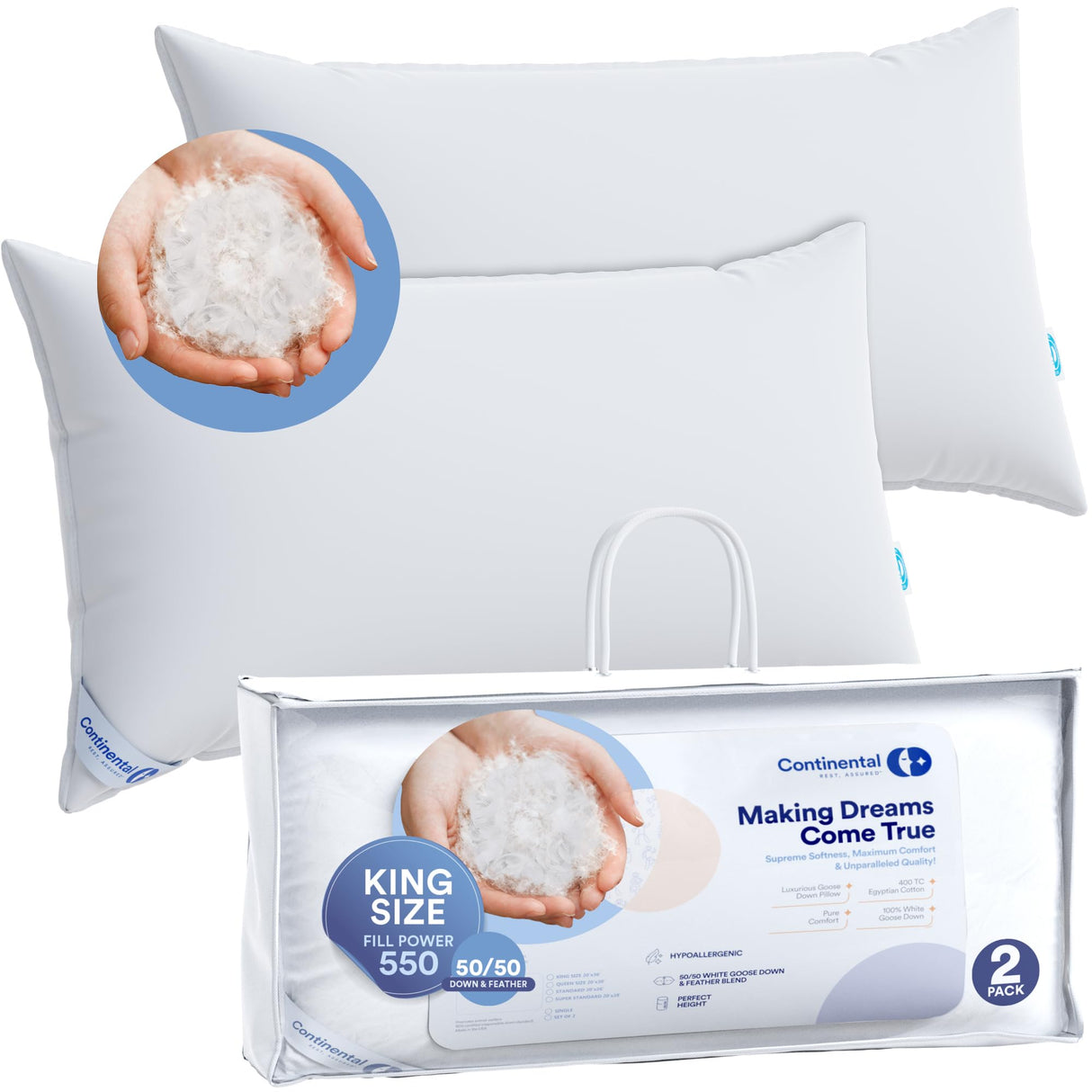 50/50 Goose Feather Down Pillows - King Size 2 Pack