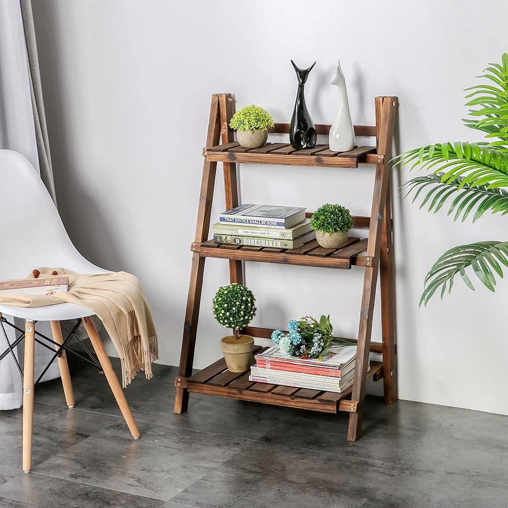 Folding Plant Stand Wooden Foldable Plant Shelf 3-Tier Flower Pot Stand Plants
