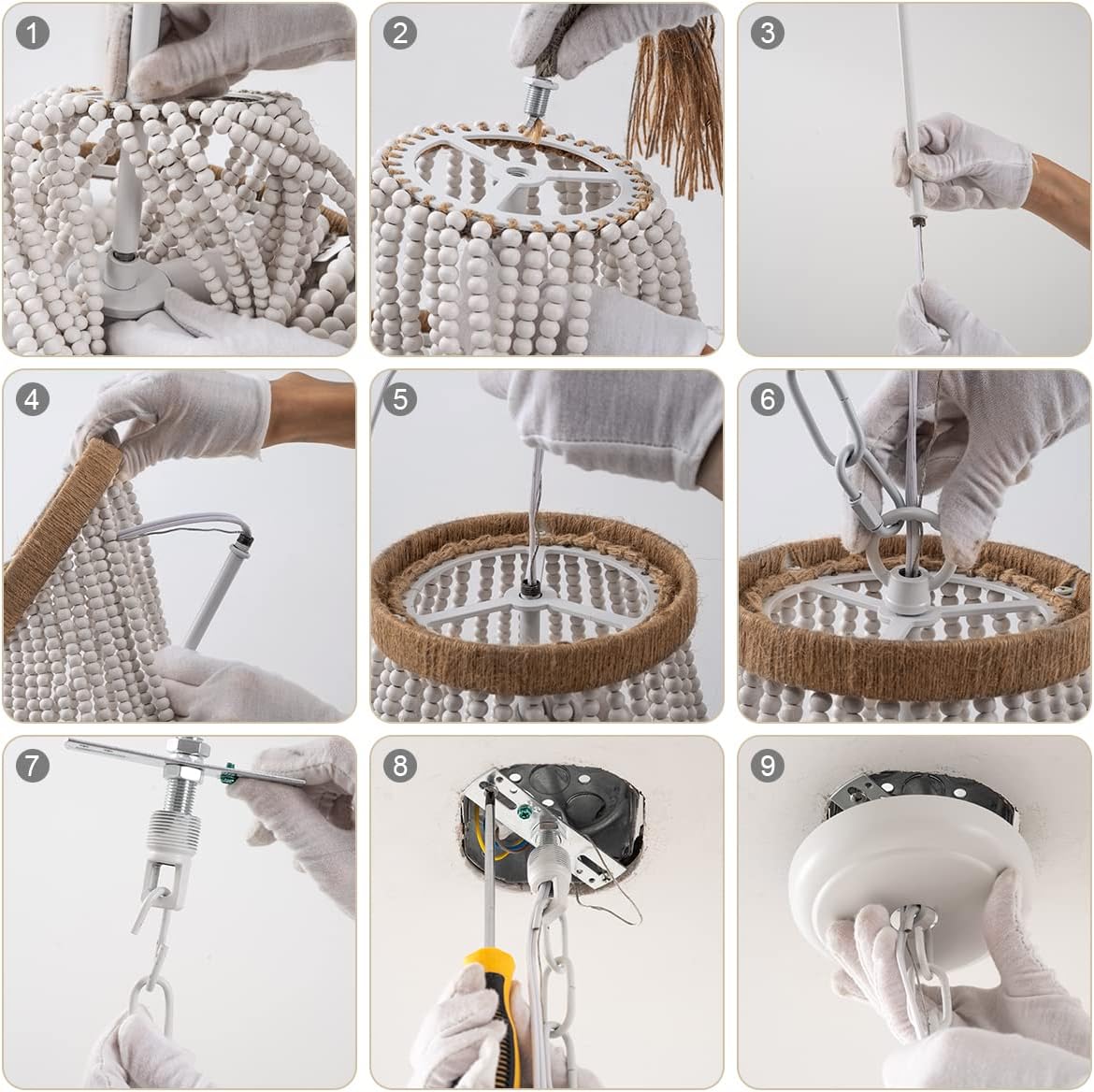 4 Lights Wood Beaded Farmhouse Chandelier with Tassels Bohemia Antique Rustic