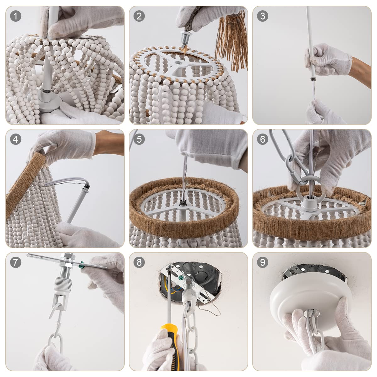 4 Lights Wood Beaded Farmhouse Chandelier with Tassels Bohemia Antique Rustic