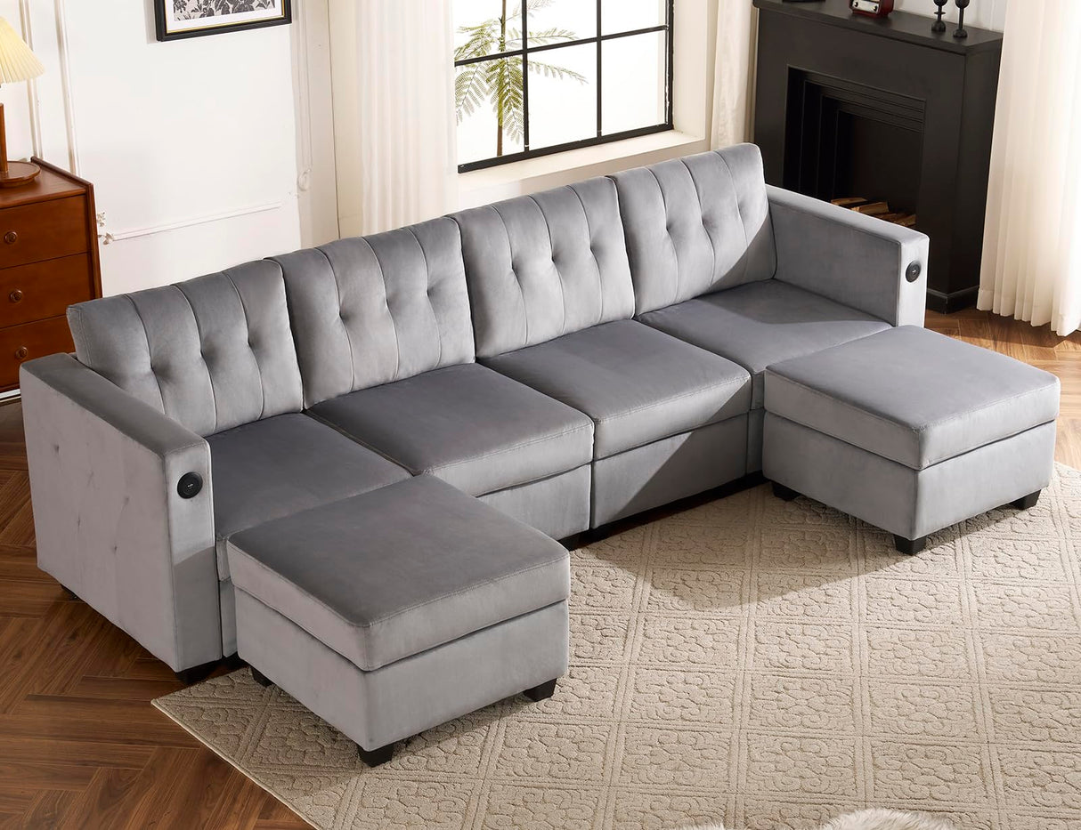 Sectional Sofa with Storage & USB Ports, 108" Velvet Couches for Living Room