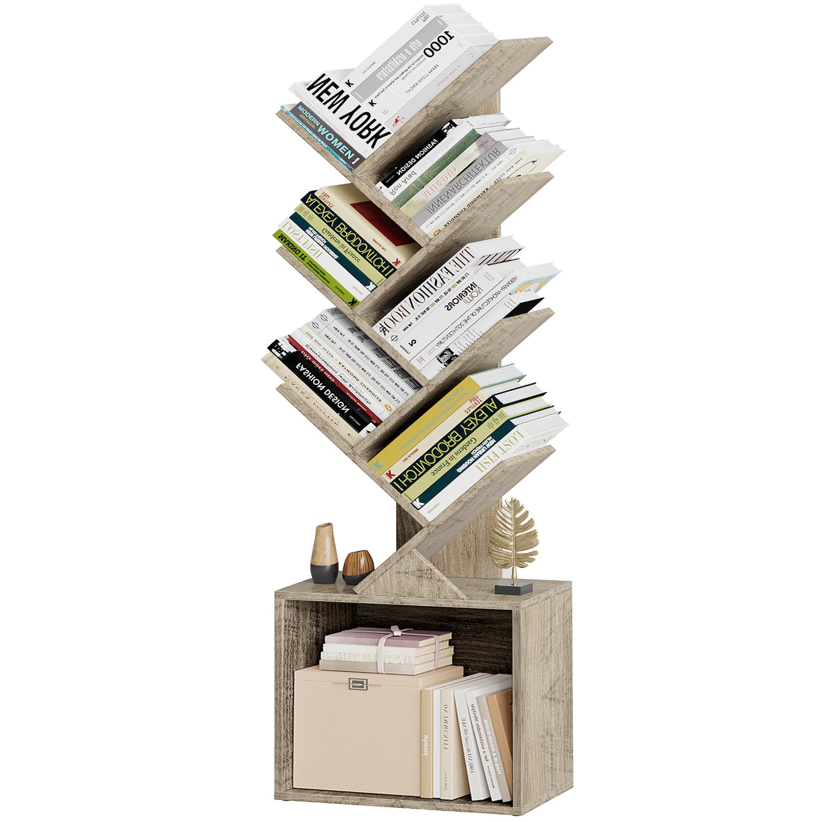 Vagusicc 6 Tier Tree Bookshelf, Modern Floor Standing Bookcase with Storage Drawer, Space Saving Storage Organizer Book Shelves for Books, Tall Wood Storage Rack for Bedroom/Living Room/Home Office