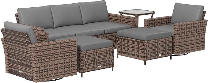 6 Piece Patio Furniture Set with Rattan 3-Seater Sofa, Swivel Rocking Chairs, Footstools