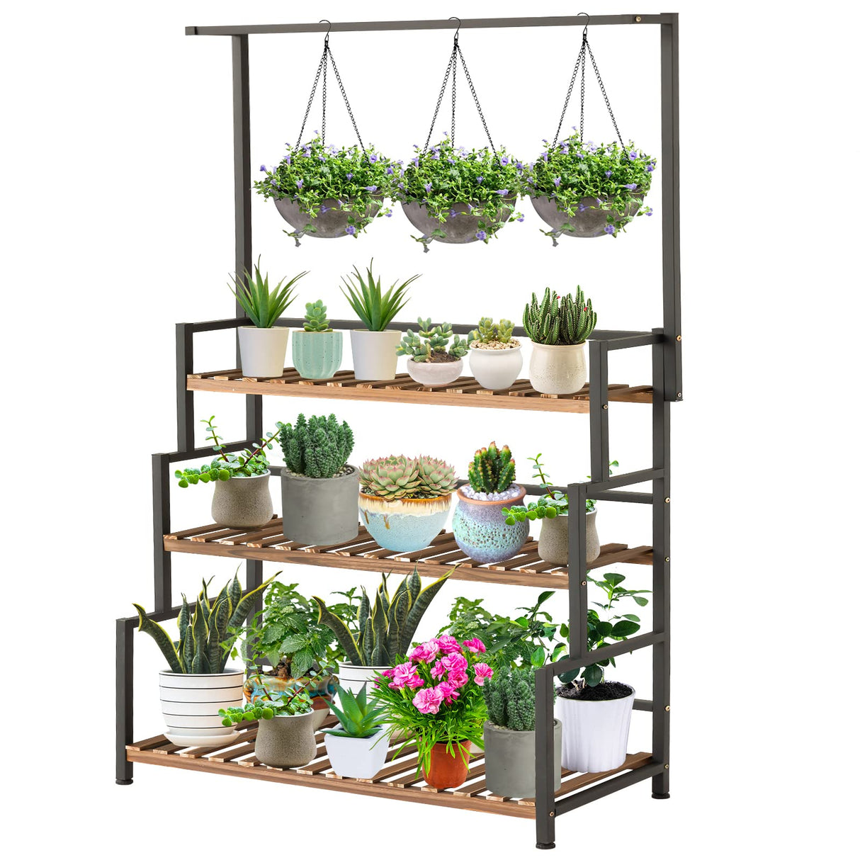 ULIKE Plant Stand Outdoor Indoor Hanging Plant Shelf for Multiple Plants 3 Tier Tall Plant Stand Wood Rack with Metal Frame for Patio Garden Balcony