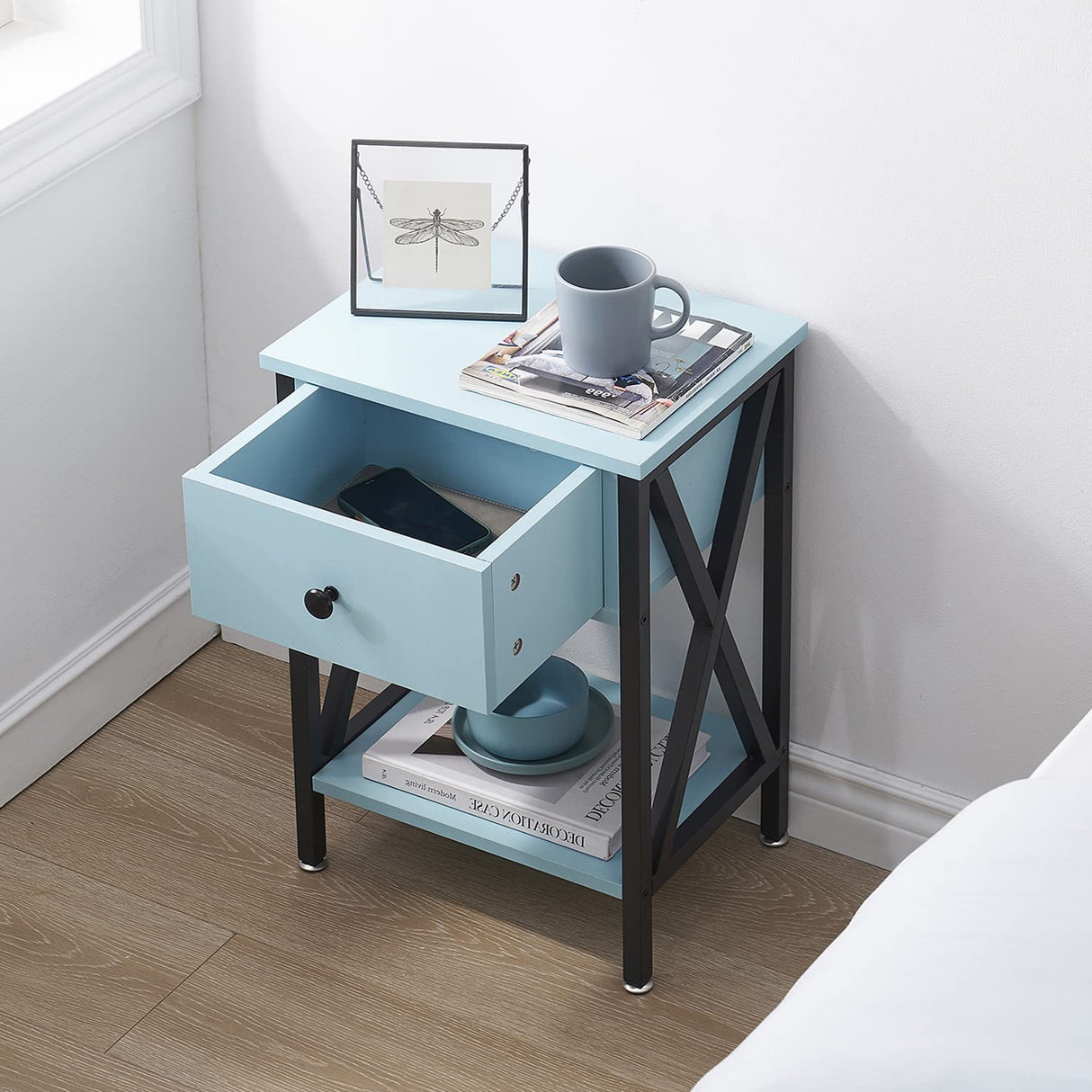Modern Side End Table, Nightstand Storage Shelf