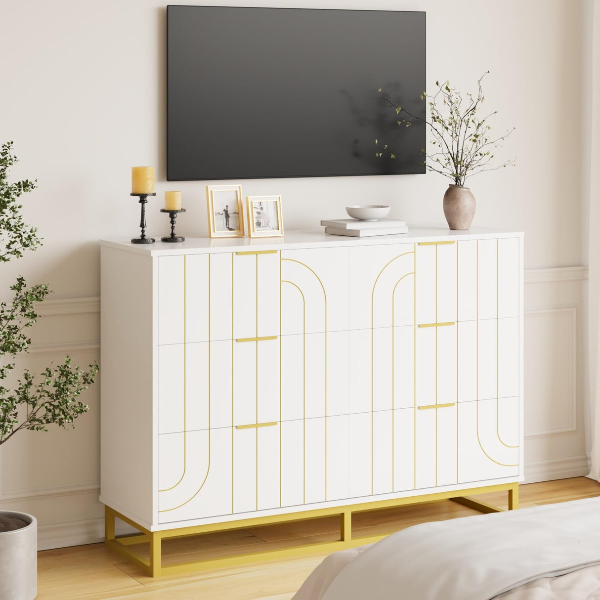 Modern 6 Drawer Dresser for Bedroom, Double TV Stand Dresser with Metal Base