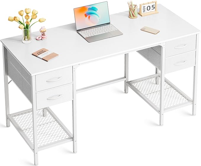 55 Inch Computer Desk with 4 Drawers, Office Desk with Mesh Shelf