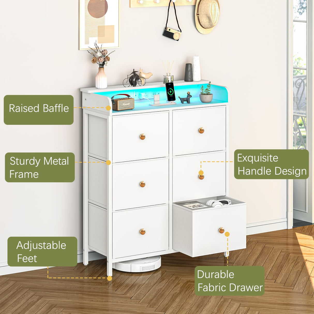 Dresser for Bedroom with Charging Station, 6-Drawer Chest Furniture with LED Lights