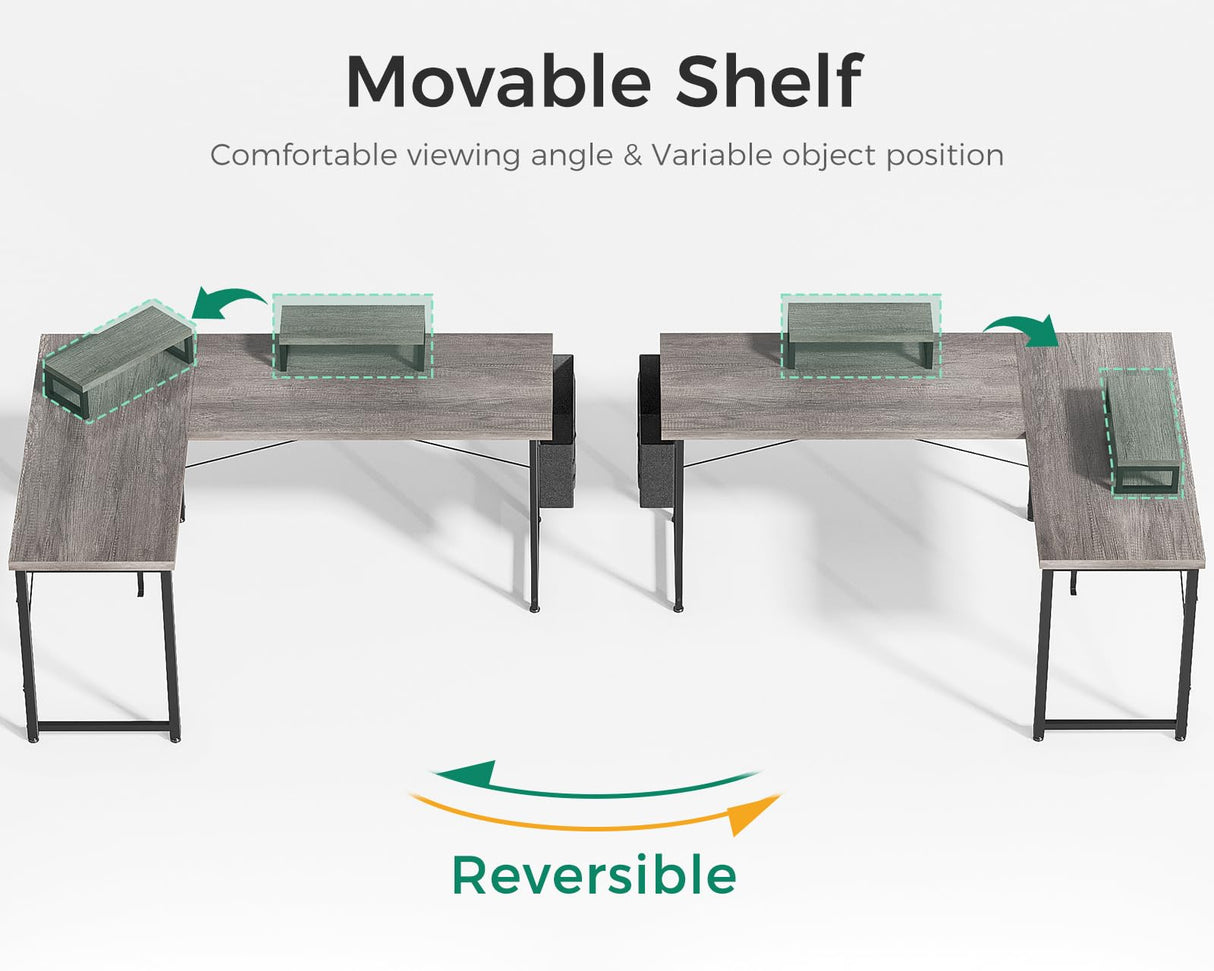 L Shaped Computer Desk with Storage Bag, 57.5 Inch Reversible Gaming Desk, Home