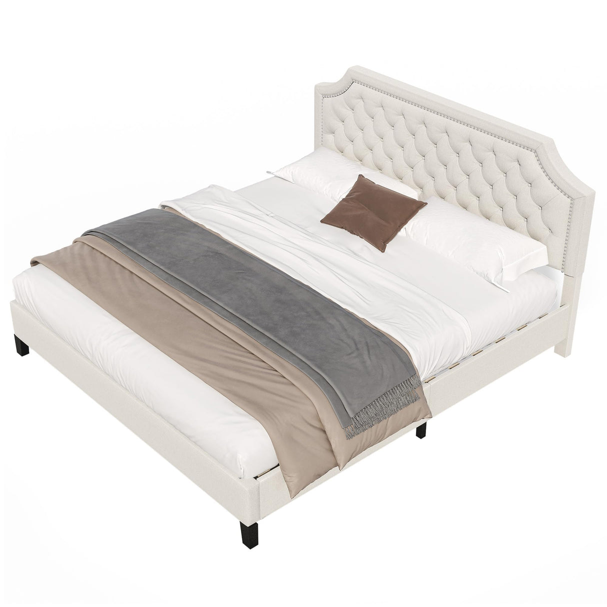 King Size Bed Frame with Adjustable Headboard, Beige Linen Upholstered Platform Bed