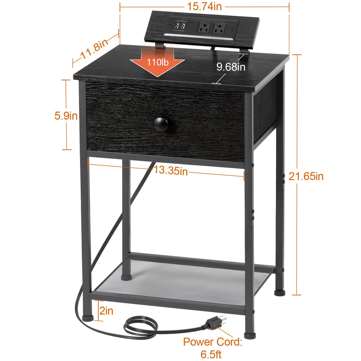 Night Stand, Black Nightstand Set of 2