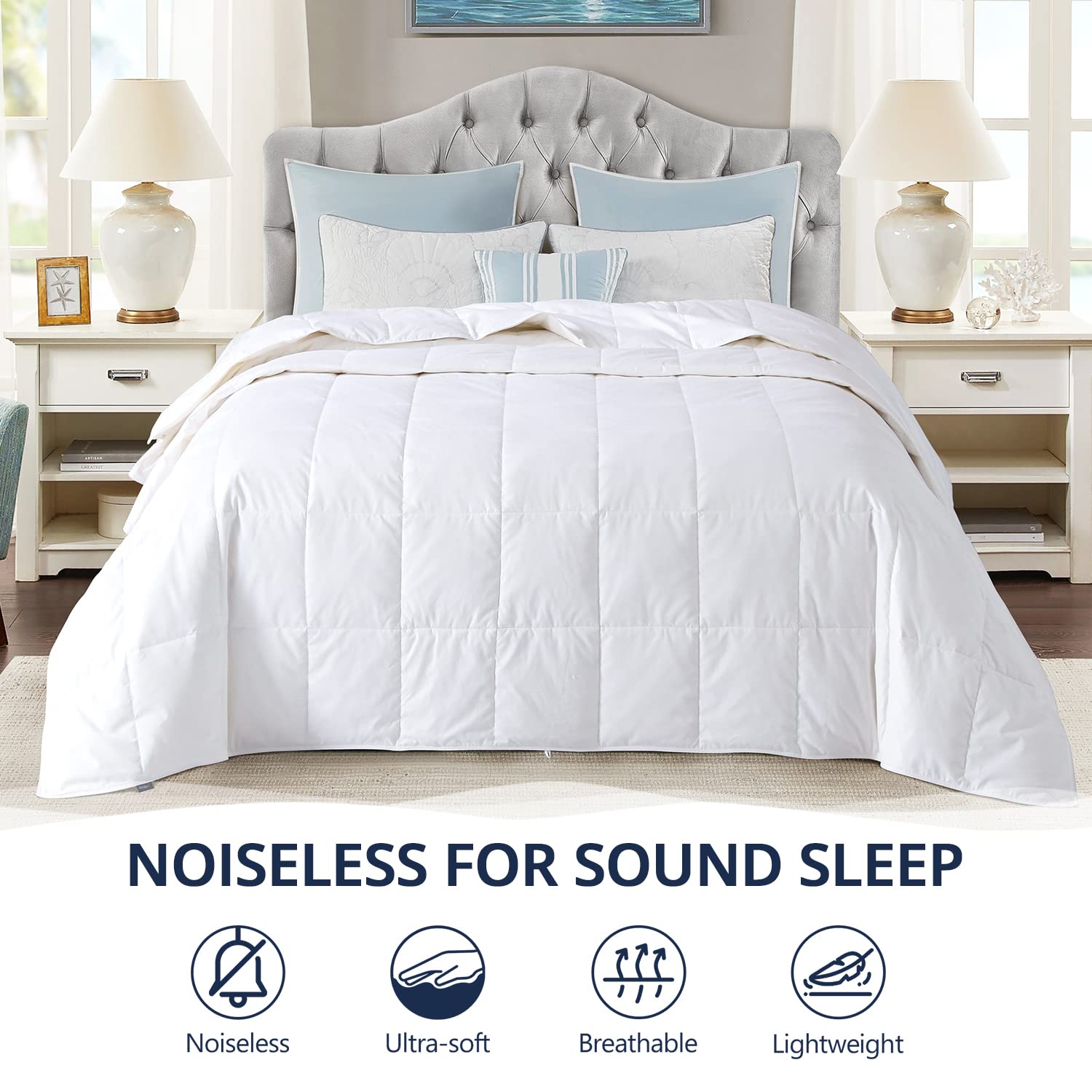 Globon Down Blanket, Extra Lightweight Summer Comforter/Duvet Insert, Noiseless & Extra Soft, Queen Size 90x90 inches,10 Ounce Fill Weight, White…