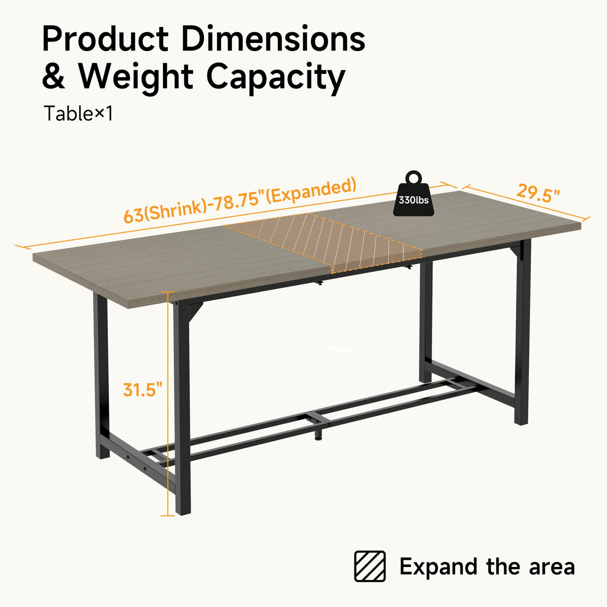 ONBRILL Extendable Dining Table, 78.74ā Large Kitchen Table for 6-8 People, Modern Rectangular Dinner Table for Kitchen, Dining Room & Living Room, Grey & Black