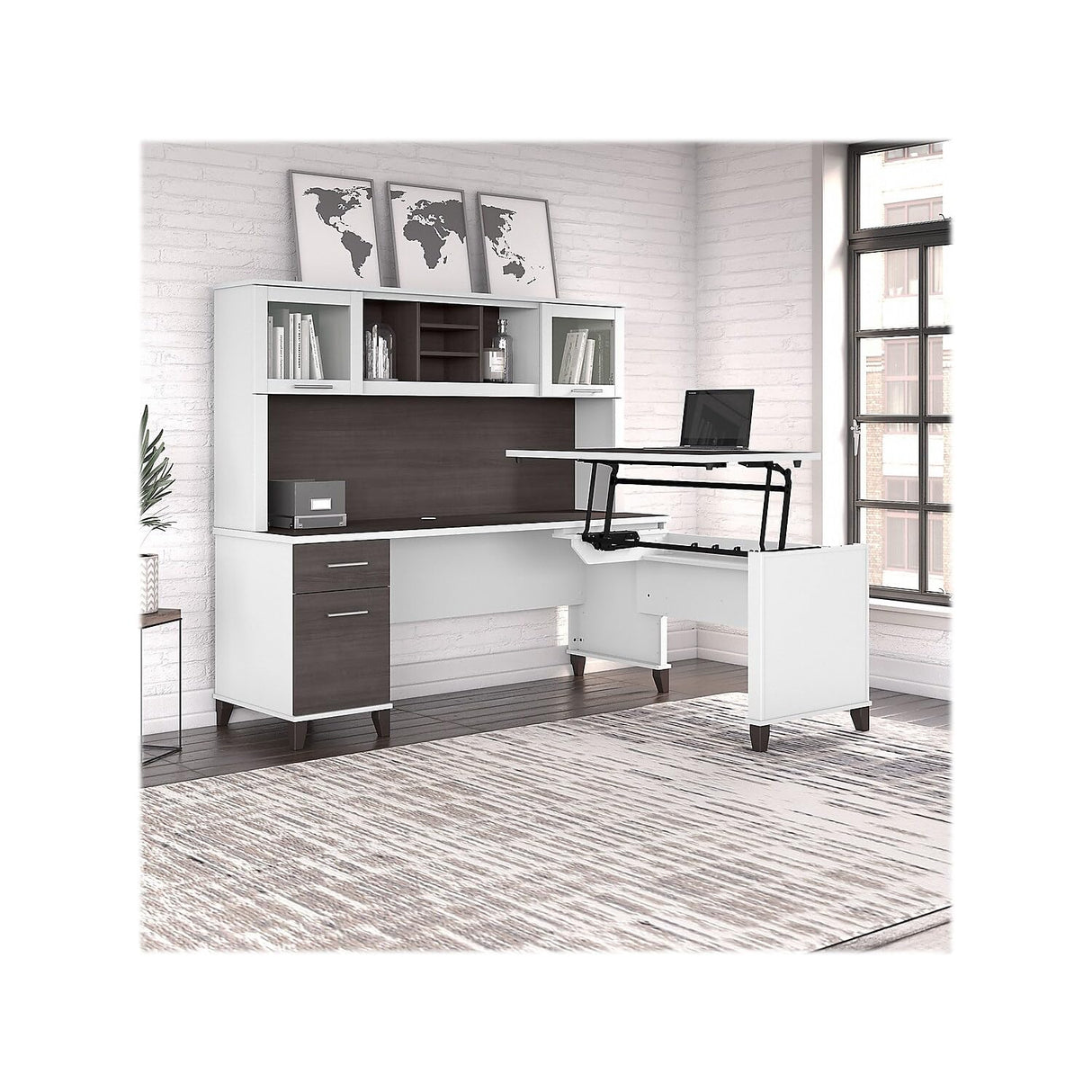 Somerset 72W 3 Position Sit to Stand L Shaped Desk with Hutch in White