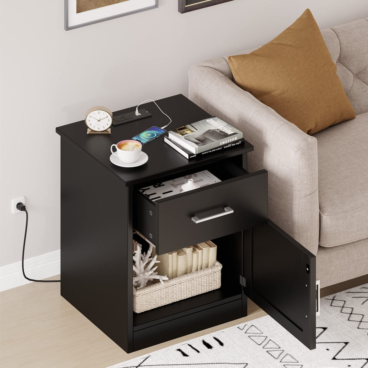 Set of 2 Nightstand with Charging Station and USB Ports & Power Outlets, Side Table