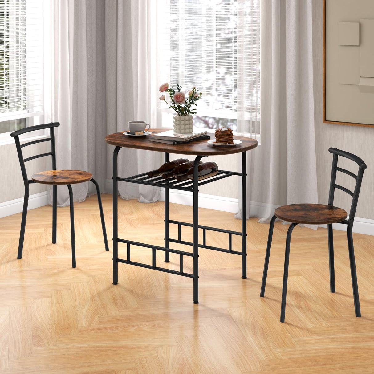 Giantex 3 Piece Dining Set Compact 2 Chairs and Table Set with Metal Frame and Shelf Storage Bistro Pub Breakfast Space Saving for Apartment and Kitchen (Black & Brown)