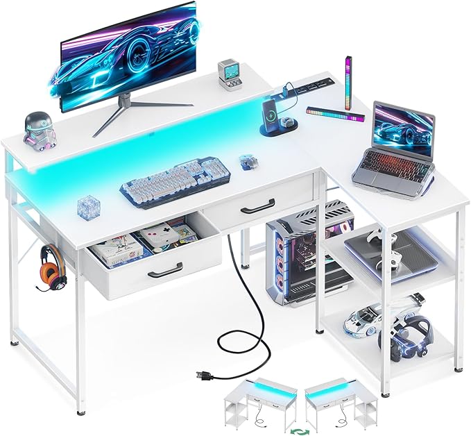 40 Inch L Shaped Gaming Desk with 2 Drawers & Storage Shelves, Computer Desk