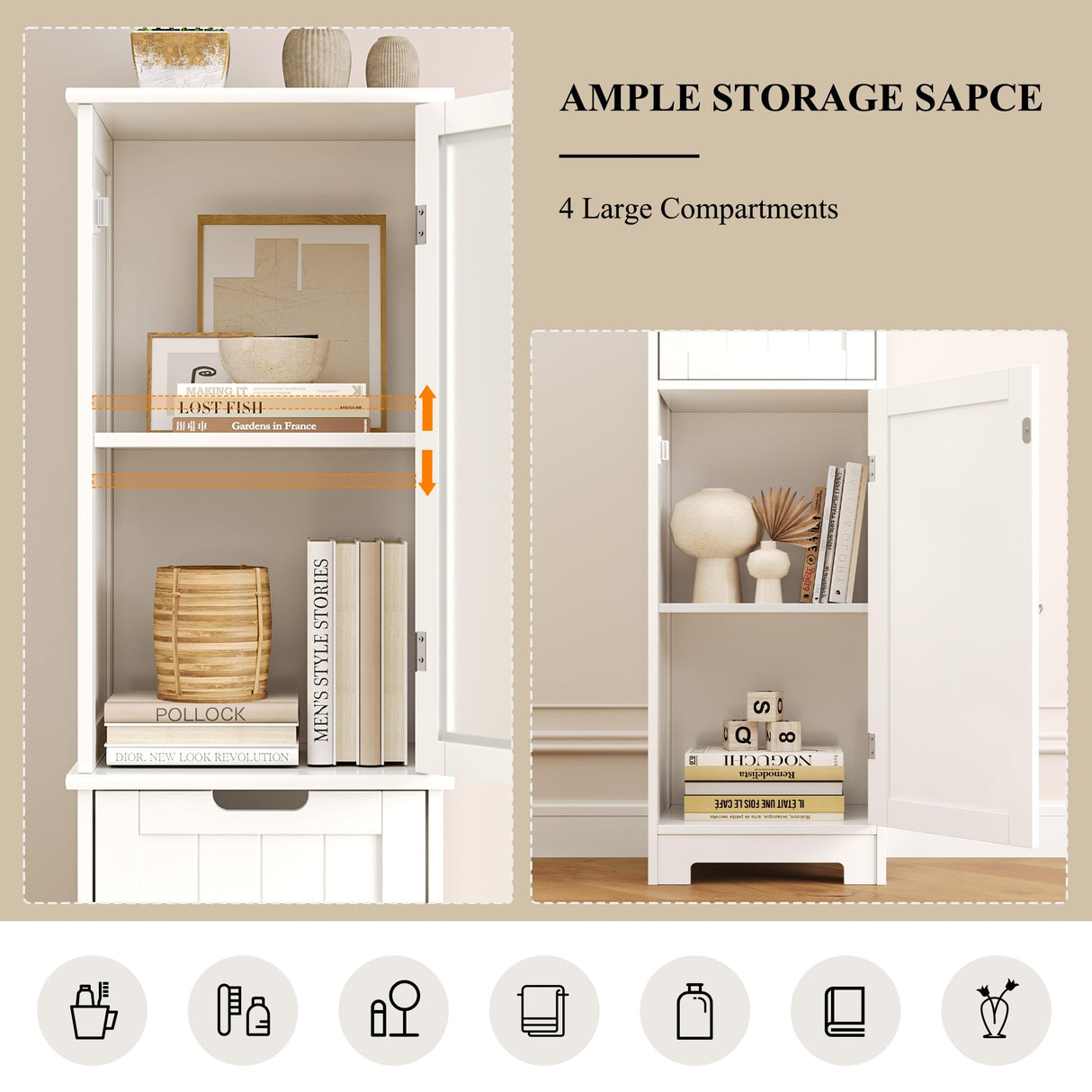 " Tall Bathroom Cabinet, Narrow Storage Cabinet, Freestanding Linen Cabinet with Doors